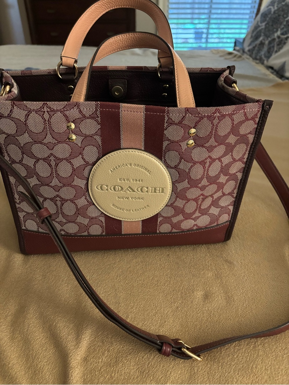 Coach Burgundy Signature Canvas Tote with Cream Logo Patch and Tan Handles